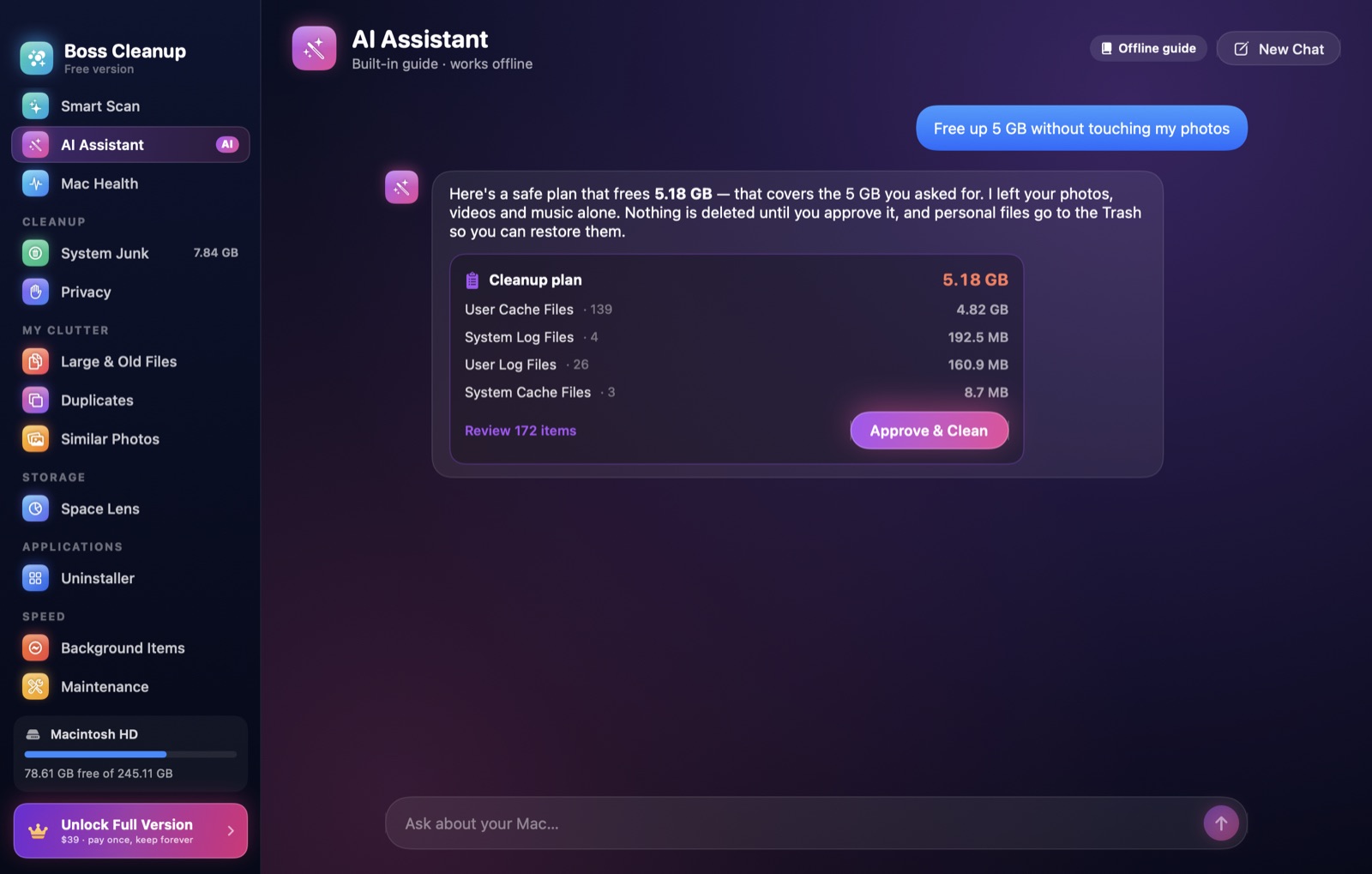 AI assistant proposing a 5 GB cleanup plan that leaves photos alone
