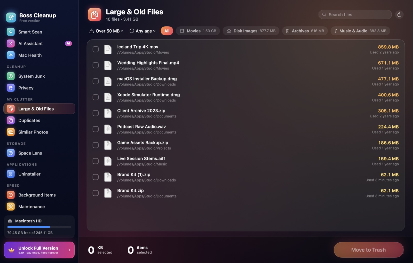 Large & Old Files listing videos, disk images and archives by size