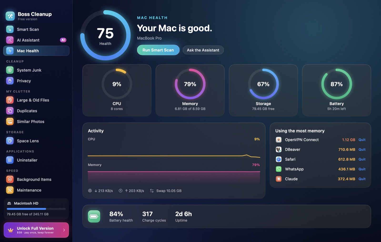 Mac Health dashboard with CPU, memory, storage and battery rings