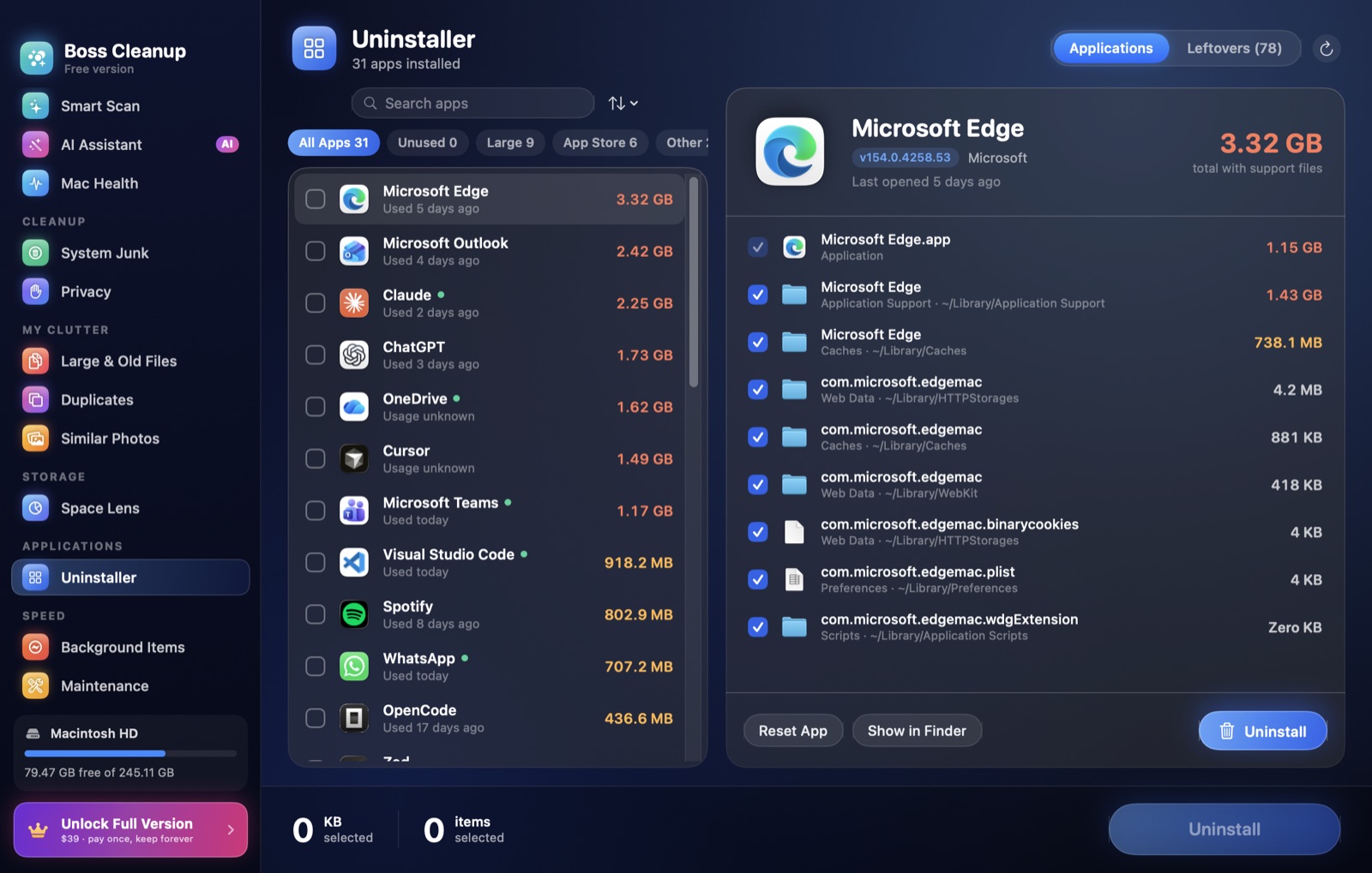 Uninstaller showing an app with all of its support files